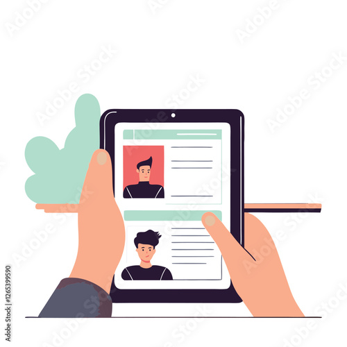 A digital illustration of diverse hands holding a tablet showing a profile page. The scene emphasizes technology and communication.
