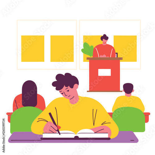 An illustration of a diverse group of people in a classroom setting, engaged in learning with a speaker. The attendees show varied ethnic backgrounds, focusing on their studies.