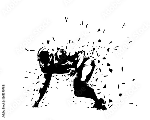 American football player, defensive line position. Isolated vector silhouette with distortion effect. Football clip art