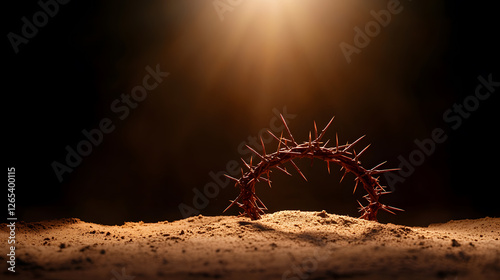 Crown of thorns on barren land, evoking symbolism. Striking contrast of light and shadow. Representing a symbol of suffering and sacrifice.