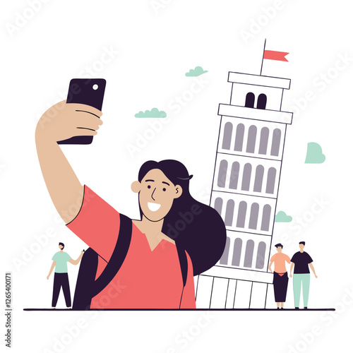 A cheerful individual of European descent takes a selfie in front of a famous landmark while friends in the background enjoy their time.