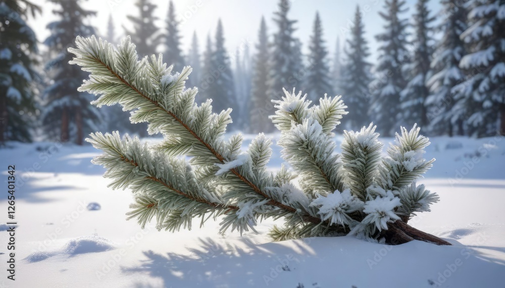 Obraz premium Spruce tree in a white snow-covered landscape with frosted needles, frost, white