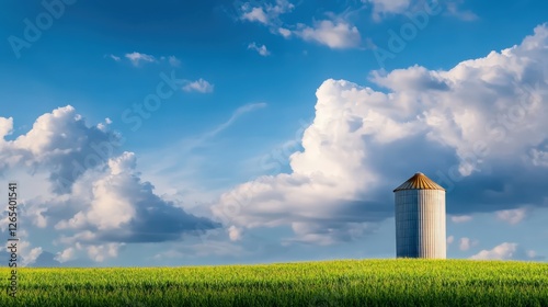 A serene landscape featuring a solitary grain silo standing tall in a lush green field under a bright blue sky with fluffy white clouds. A peaceful representation of rural life.