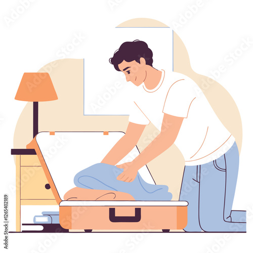 An illustration of a young european man packing a suitcase in a cozy room ready for travel. He is carefully placing clothes into his luggage.