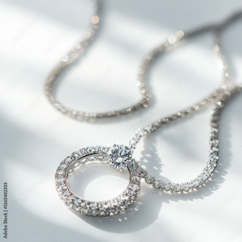 Elegant diamond necklace with sparkling round pendant in soft lighting Elegant diamond necklace with sparkling round pendant in soft lighting