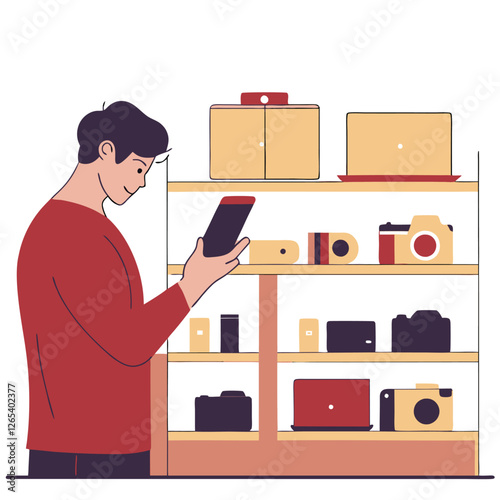 A person browsing technology gadgets in a store, showcasing a modern shopping environment with various electronic devices displayed on shelves.