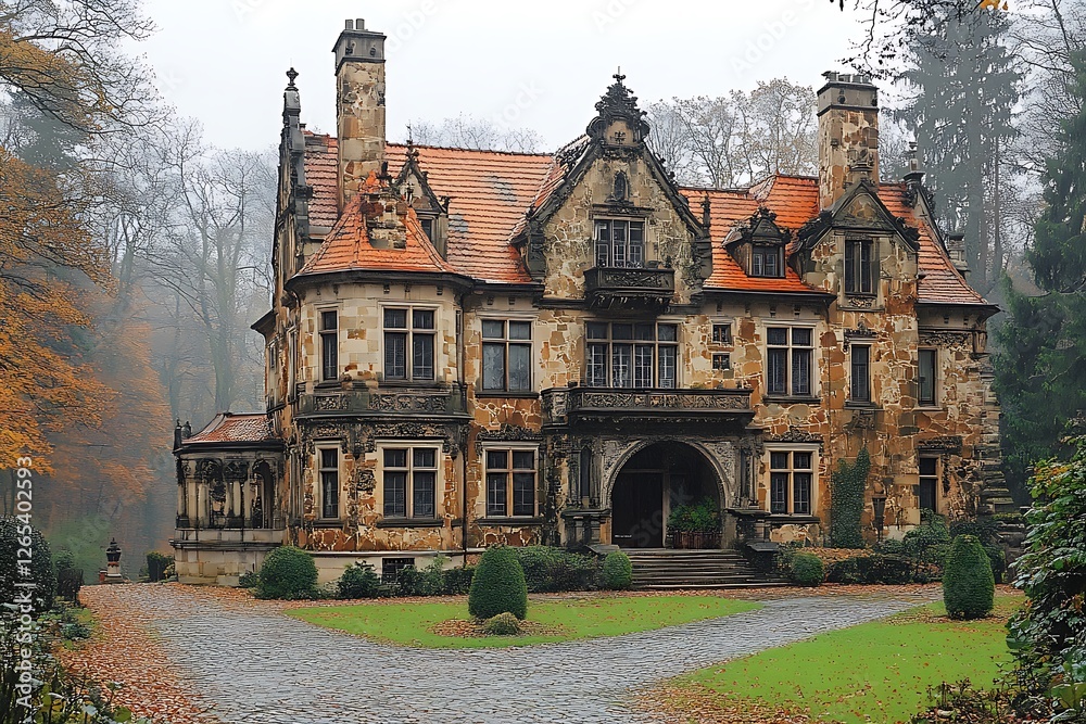 Obraz premium Majestic historic mansion surrounded by autumn foliage, showcasing intricate architecture and serene landscape
