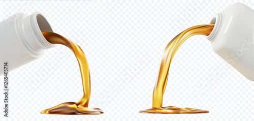 3D vector illustration of syrup pouring from two containers with a smooth flow on a transparent background