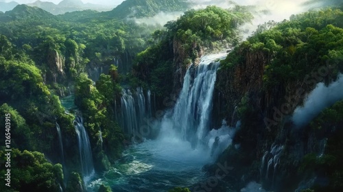 Lush rainforest waterfalls cascade down dramatic cliffs, misty mountains in background
