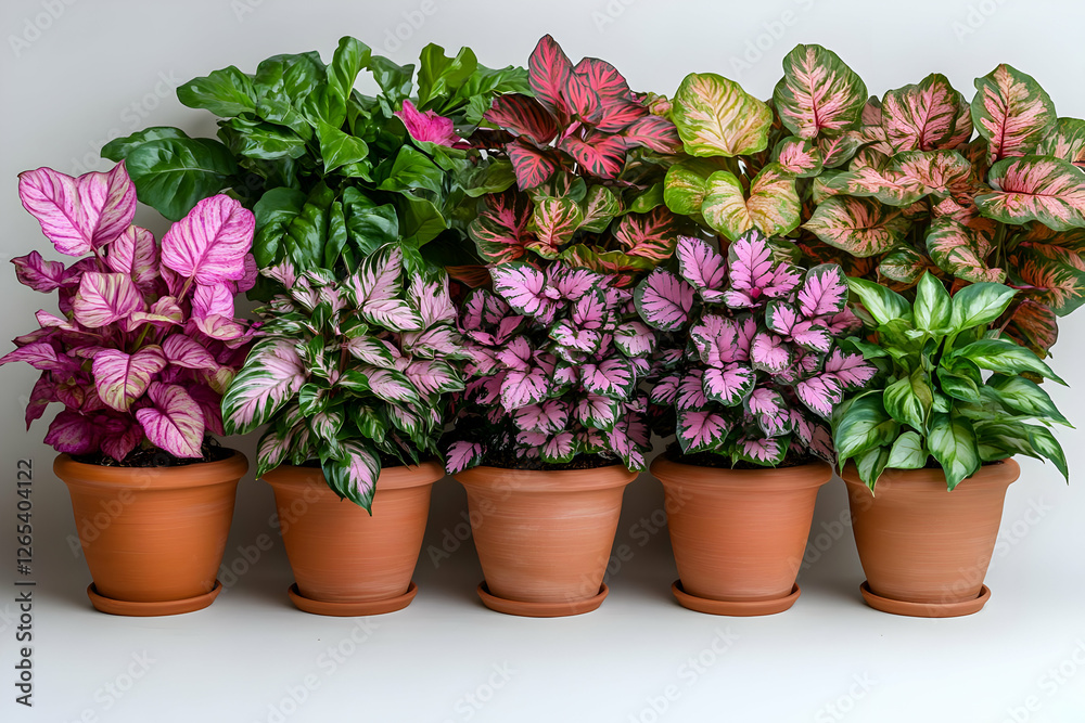 Row Of Colorful Potted Plants On White Background Row Of Colorful Potted Plants On White Background