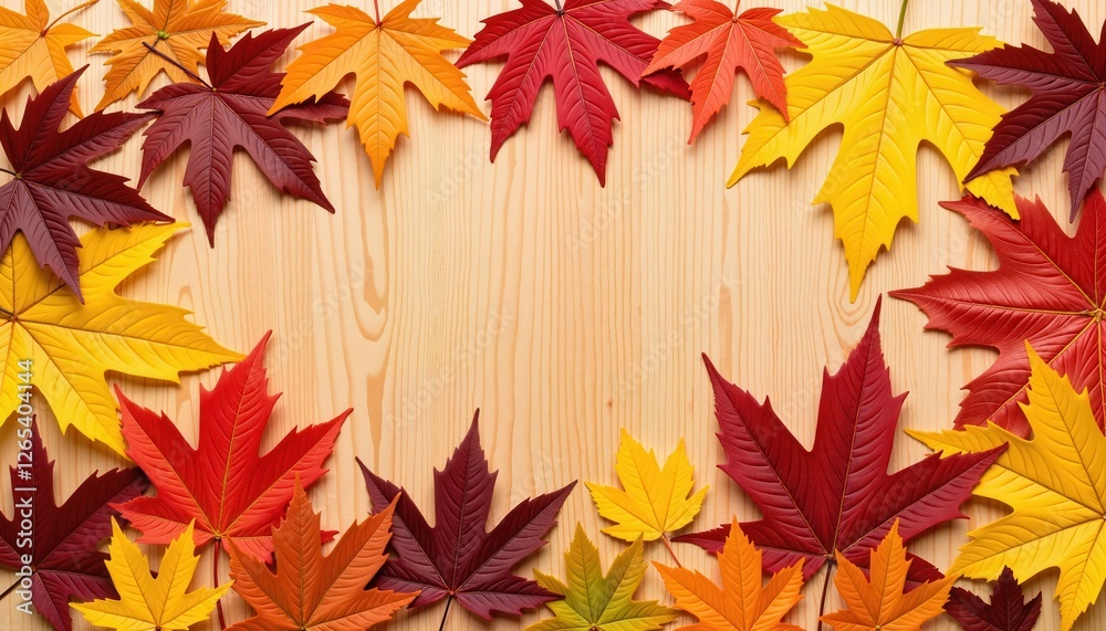 Colorful autumn leaves arranged on wooden background, natural beauty Colorful autumn leaves arranged on wooden background, natural beauty