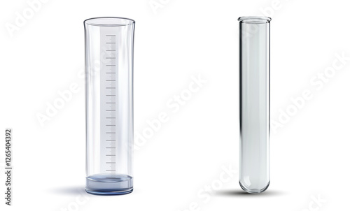 3D vector illustration of laboratory glassware featuring a graduated cylinder and a test tube for scientific research applications