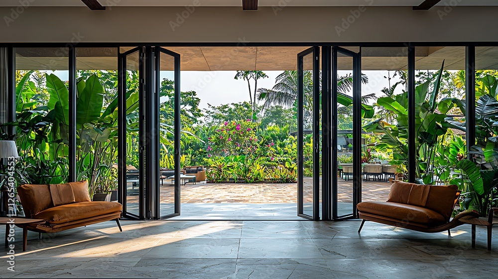 Fototapeta premium Tropical home interior, open doors, garden view, sunlight, relaxation