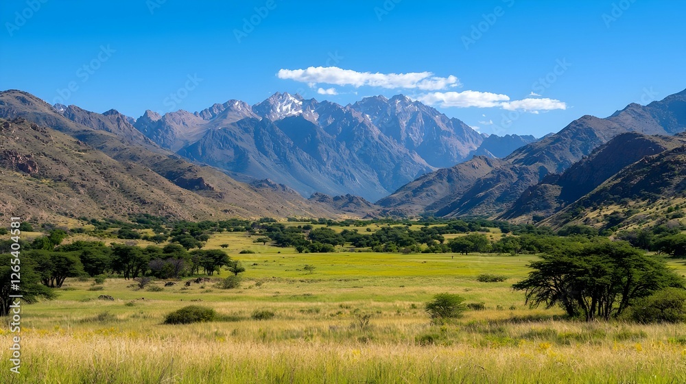 Majestic Mountain Valley Landscape Under a Sunny Blue Sky Majestic Mountain Valley Landscape Under a Sunny Blue Sky