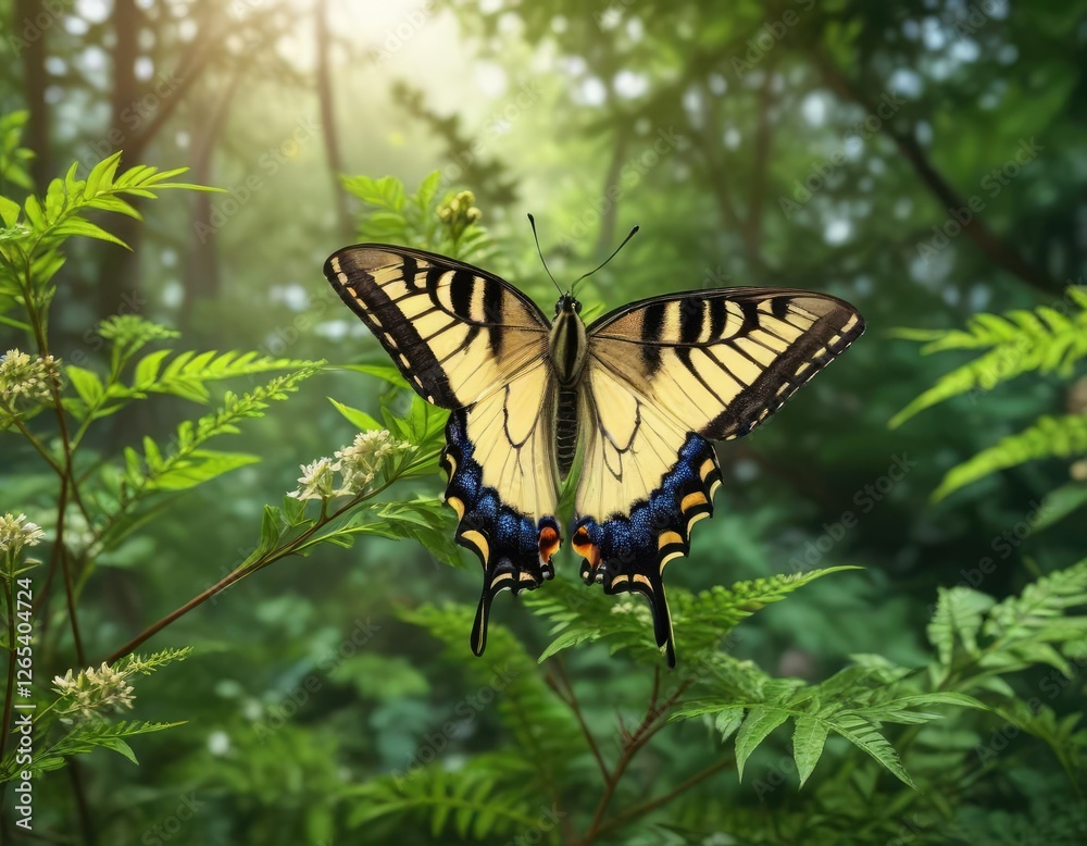 Swallowtail butterfly perched on anise with vibrant green leaves , foliage, insect Swallowtail butterfly perched on anise with vibrant green leaves , foliage, insect