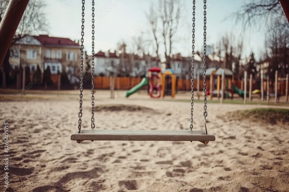 Empty swing in a deserted playground swaying gently in the wind. Empty swing in a deserted playground swaying gently in the wind.