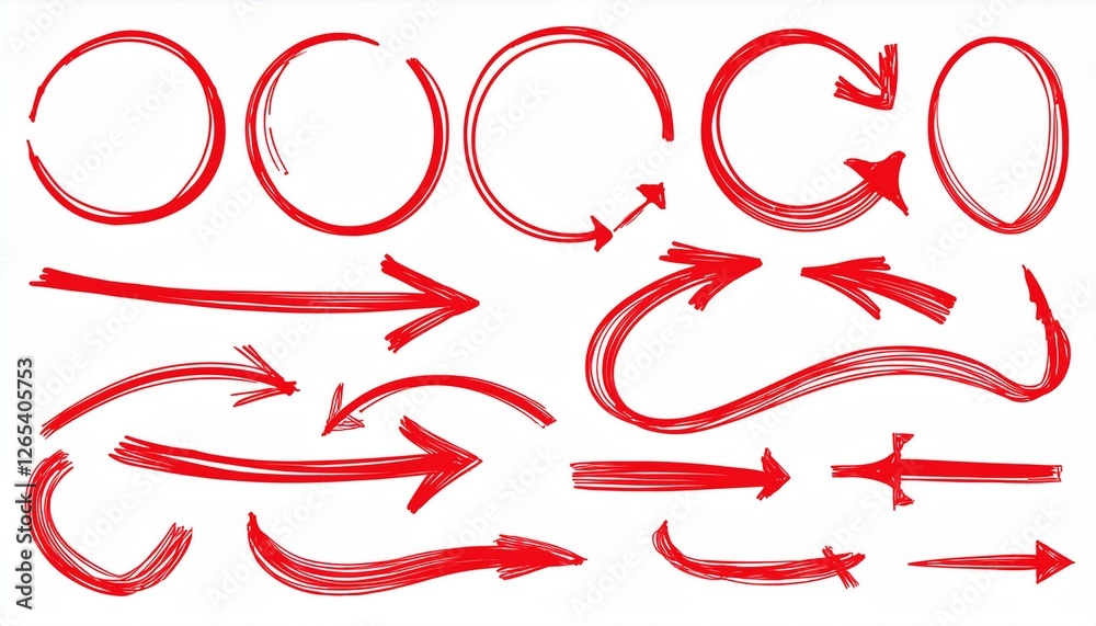 Pen marker line red arrow, underline, emphasis element set. Hand drawn red marker brush stroke style arrow, text underline, round frame set. Doodle sketch pencil text decoration. perfect any project Pen marker line red arrow, underline, emphasis element set. Hand drawn red marker brush stroke style arrow, text underline, round frame set. Doodle sketch pencil text decoration. perfect any project