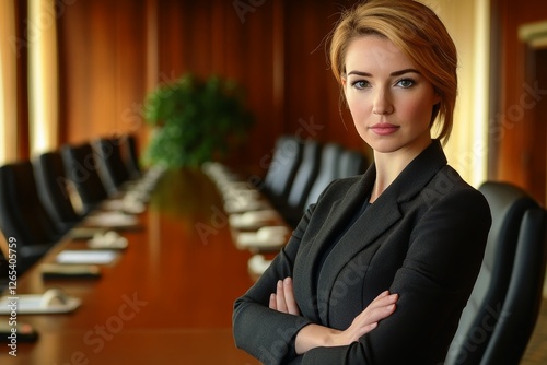 Female corporate leader confidently at the head of a boardroom exuding authority. photo