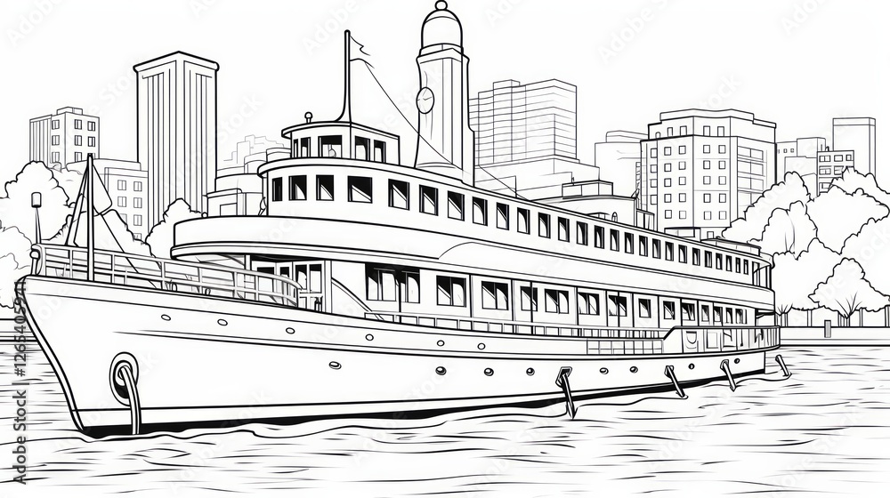 Fototapeta premium Yacht moored in urban harbor, line art style. Neural network AI generated