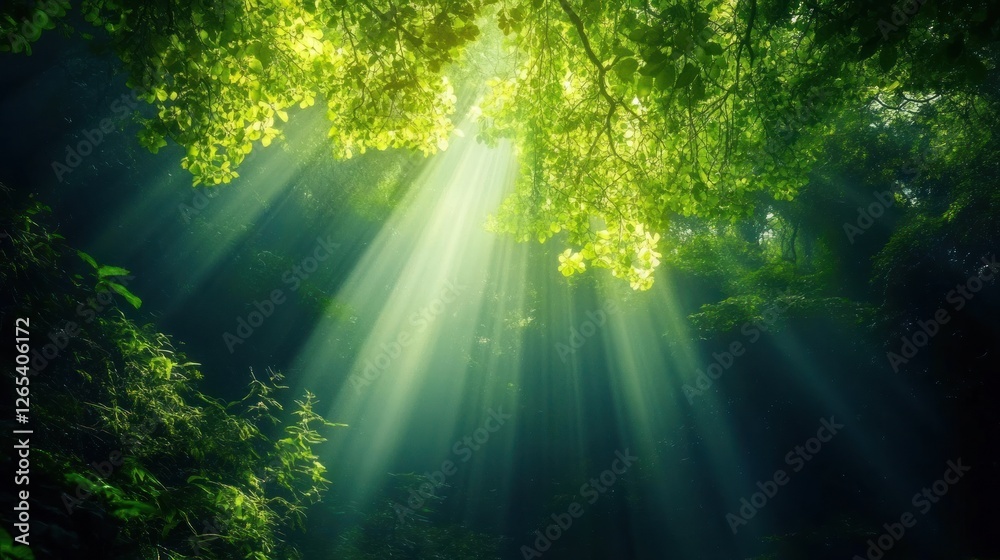 Obraz premium Sunlight streams through underwater forest canopy