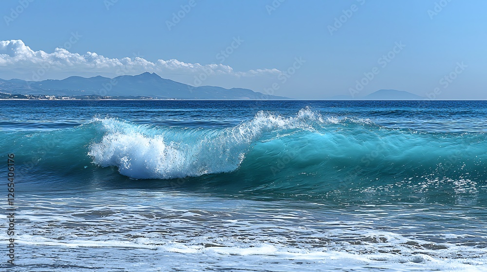 Fototapeta premium Turquoise wave crashes on beach, coastal mountains background, summer travel
