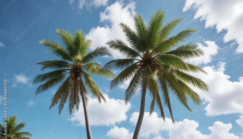 Tall coconut tree in front of a clear blue sky with white clouds, outdoor, nature, sky Tall coconut tree in front of a clear blue sky with white clouds, outdoor, nature, sky