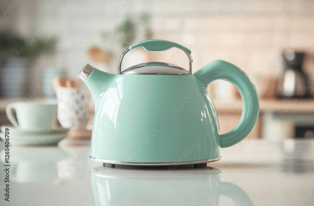 This retro-style kettle in mint green stands out in a contemporary kitchen, surrounded by soft hues and elegant dishware This retro-style kettle in mint green stands out in a contemporary kitchen, surrounded by soft hues and elegant dishware