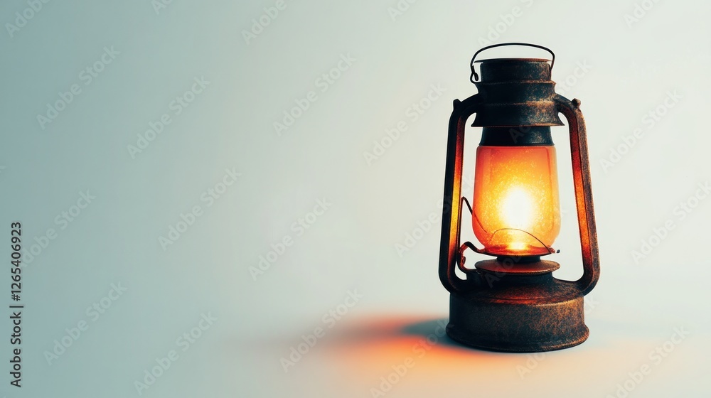 Glowing antique oil lamp on white background; nostalgic feel, ideal for history or adventure themes