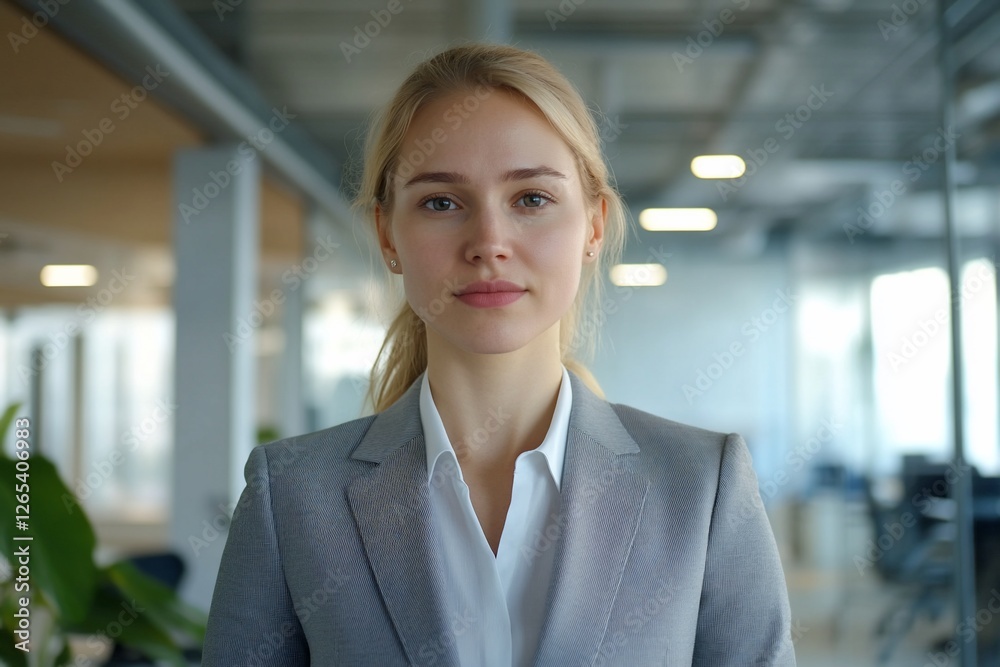 Professional woman in a modern office setting, confidently posing for a portrait