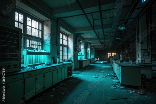 Teal glow casts an eerie ambiance on a dark abandoned laboratory filled with mysterious equipment, background, abandoned, haunting