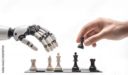A chess game between ai robot and a human on white background. Artificial intelligence technology.
