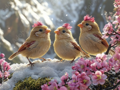 Cute birds on snow with flowers. Possible stock photo use Spring scene photo