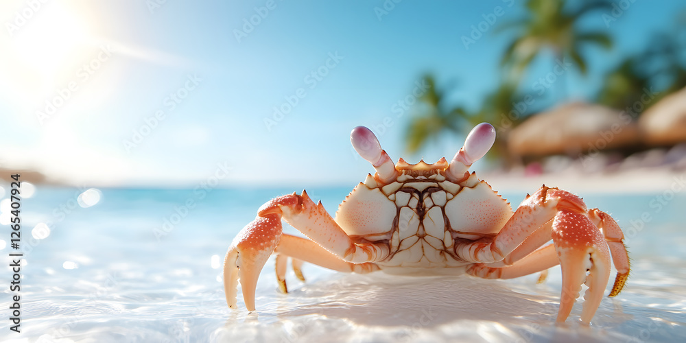 Close-up of a crab in shallow water on a tropical beach. The sun shines brightly. The crab's features are crisp and detailed. Close-up of a crab in shallow water on a tropical beach. The sun shines brightly. The crab's features are crisp and detailed.