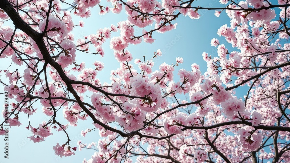 The branches of the cherry trees stretch towards the heavens like outstretched arms, their delicate petals shimmering with dew, springtime beauty, gentle hue, blooming trees The branches of the cherry trees stretch towards the heavens like outstretched arms, their delicate petals shimmering with dew, springtime beauty, gentle hue, blooming trees