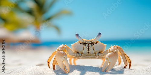 Fototapeta Naklejka Na Ścianę i Meble -  Crab on beach sand with palm trees and ocean in the background. The scene is peaceful and sunny, perfect for a vacation photo. 