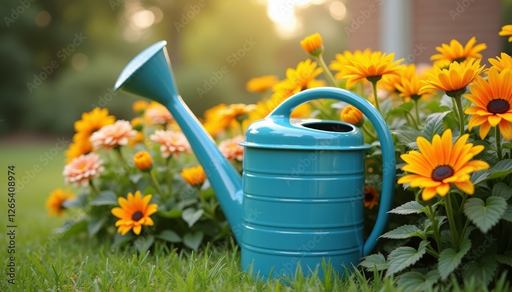 Watering can with vibrant flowers blooming around it, set in lush garden. World Water Day Watering can with vibrant flowers blooming around it, set in lush garden. World Water Day
