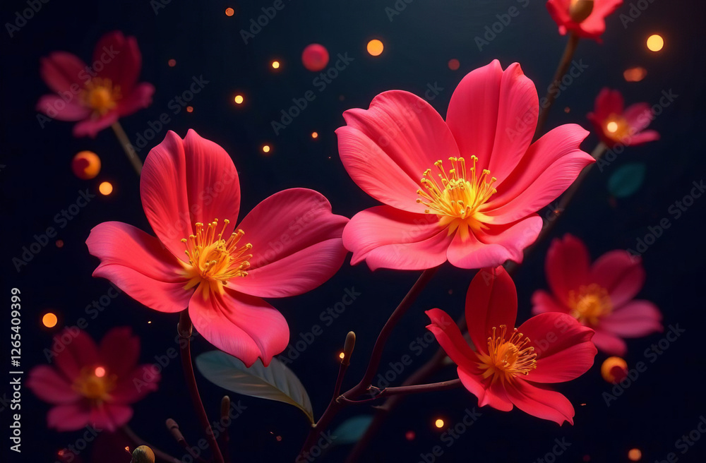 Large pink flowers on a black background, golden bokeh, space for text. Large pink flowers on a black background, golden bokeh, space for text.