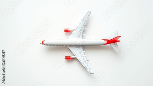 Toy miniature airplane vacation, flat design, flat white background, copy and text space, 16:9