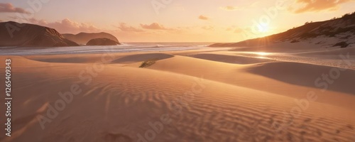 The sun's descent slowly brings a range of warm colors to the dune beach at sunset, beach, sunset, dune