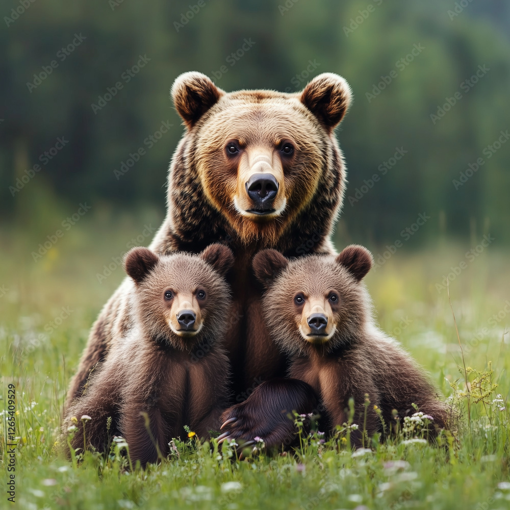 Brown Bear Mother with Two Cubs in Green Wilderness, brown bear in the forest Brown Bear Mother with Two Cubs in Green Wilderness, brown bear in the forest
