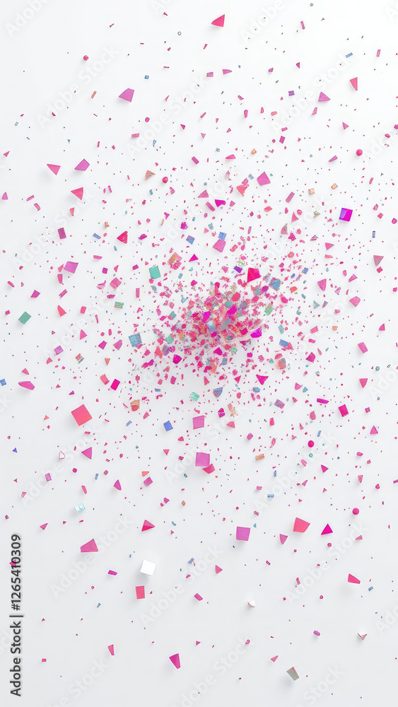 Tiny fragments of colored glass scatter across a pristine white background as vibrant hues burst forth in an explosive display, bright lights, abstract expressionism, textured surface, decorative art Tiny fragments of colored glass scatter across a pristine white background as vibrant hues burst forth in an explosive display, bright lights, abstract expressionism, textured surface, decorative art