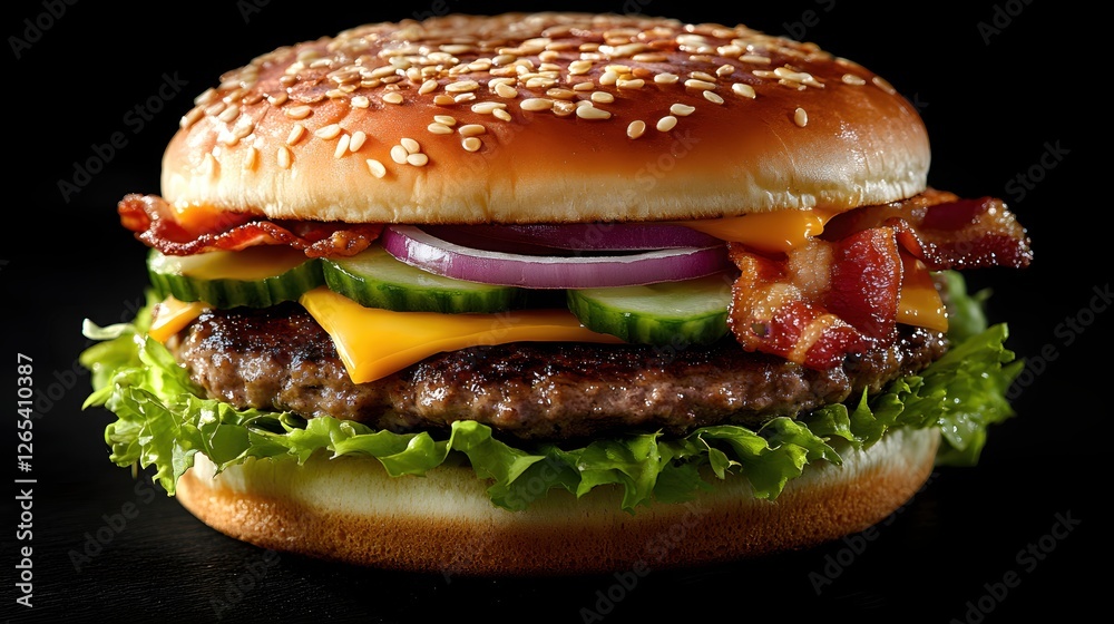 Mouthwatering Burger with Bacon Cheese and Fresh Vegetables on a Dark Background Delight Mouthwatering Burger with Bacon Cheese and Fresh Vegetables on a Dark Background Delight