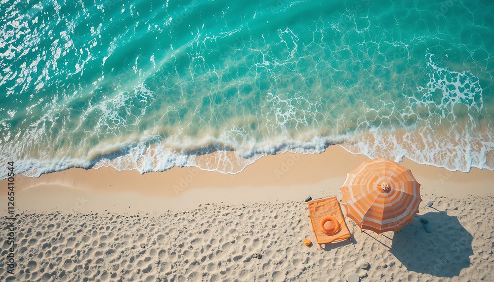 Naklejka premium Aerial View of Serene Beach Scene with Orange Umbrella and Lounger