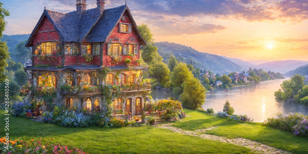 Naklejka premium Fairytale House by the River at Sunset