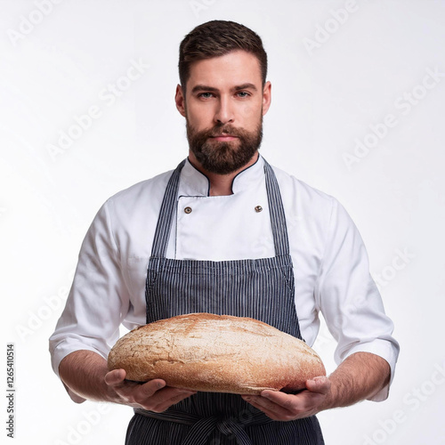 panaderos, panaderia, empleado con pan en las manos, sobre fondo blanco