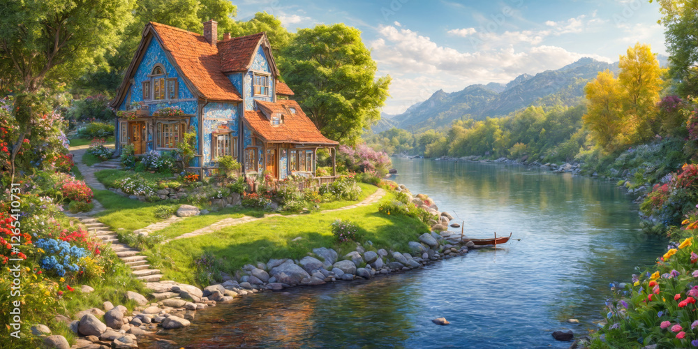 Fototapeta premium Fairytale Cottage by the River.
