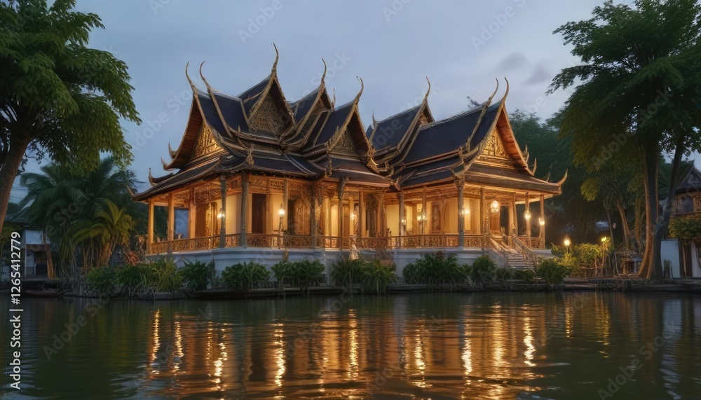 Fototapeta premium Traditional Thai architecture along the Chao Phraya riverbanks, buildings, architecture