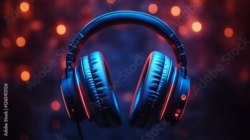 Close-up of stylish headphones illuminated with vibrant blue and red lights on a blurred background photo