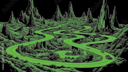 Serpentine road winds through glowing green alien landscape. Dark mysterious aesthetic.. AI Generated