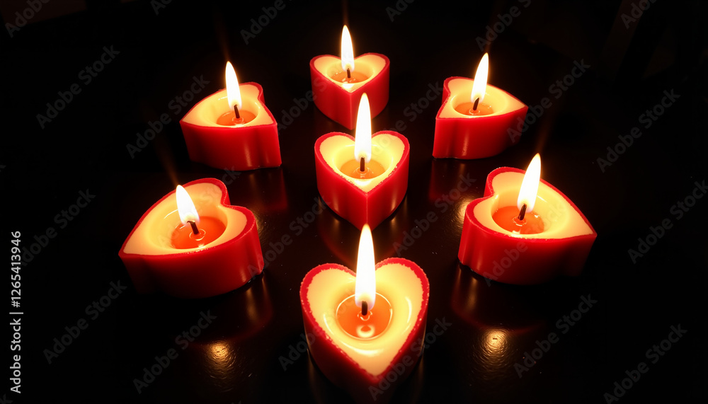 Heart-shaped candles glowing softly in the dark, romantic ambiance Heart-shaped candles glowing softly in the dark, romantic ambiance